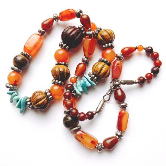 Y2K Carnelian Howlite Glass Wood Boho Artisan Chunky Beaded Necklace 27" - Picture 8 of 11